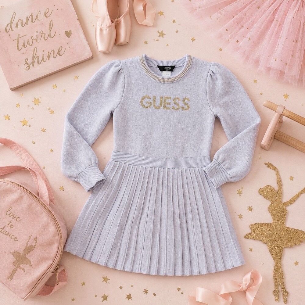 Guess Kids Girls Pastel Lavender Purple Pleated Knit Sweater Dress Holiday 4T